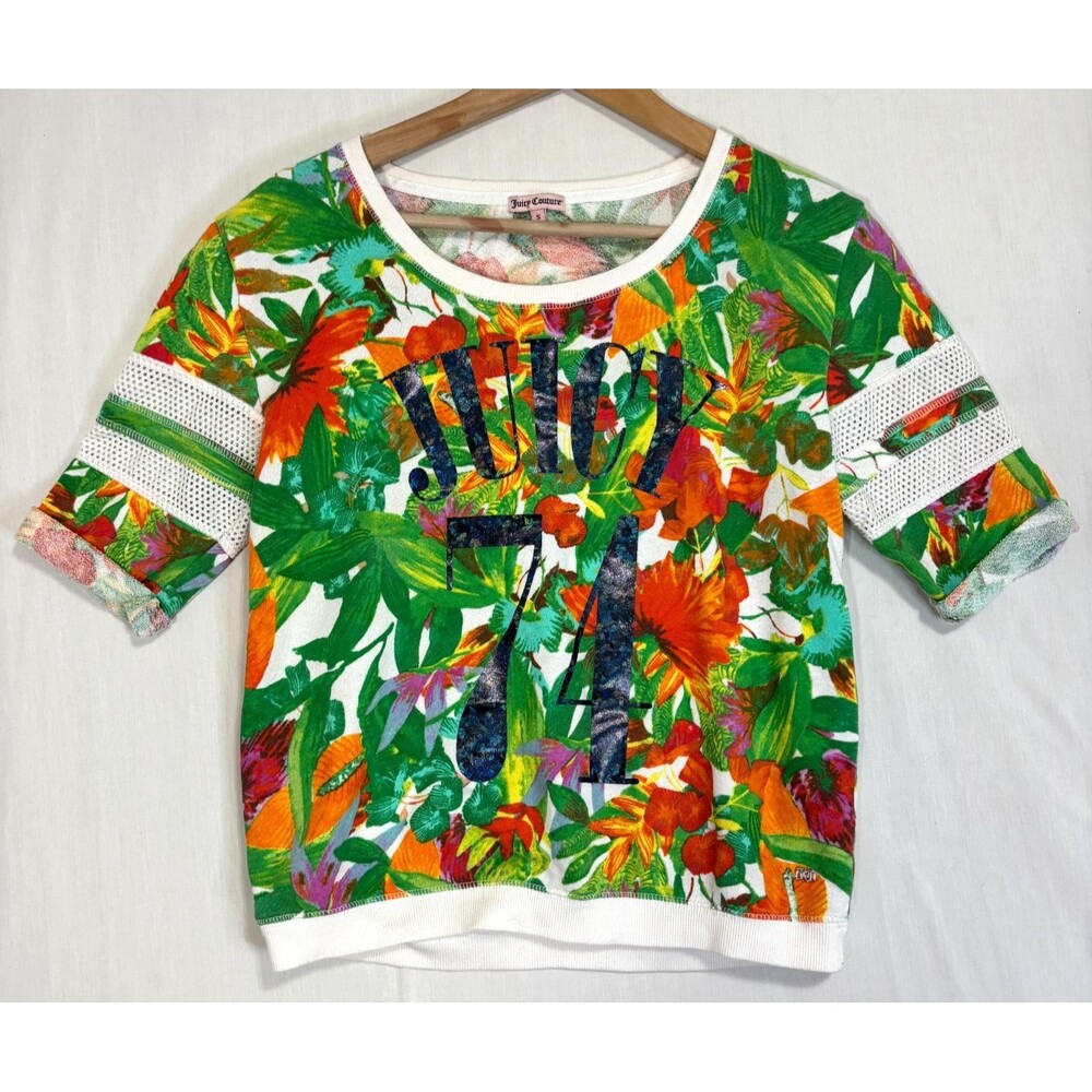 Juicy Couture 74 Womens Floral Print Jersey Top Tropical Cottage Athleisure Sz S